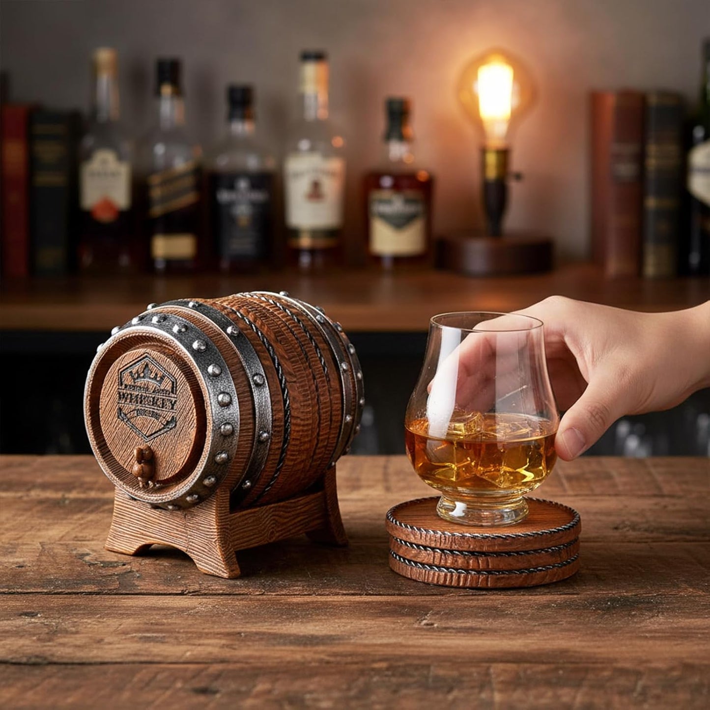 Whiskey Barrel Coasters Set 6 Full Size Non-Slip Cabin Decor Bar Coasters, Indoor Christmas Decorations, Man Cave Gifts for Men and Whiskey Lovers, Rustic Handmade Cup Coaster for The Home