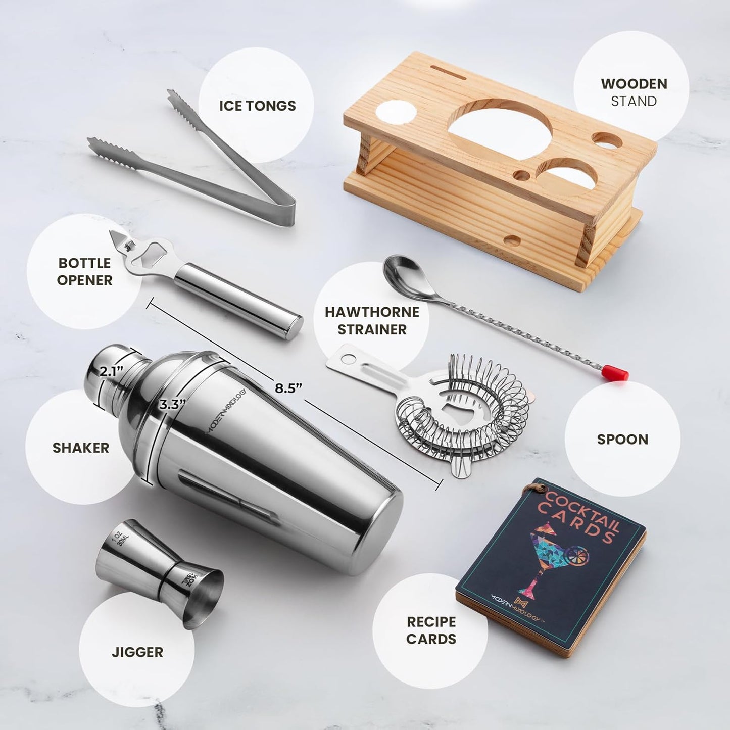 Modern Mixology Cocktail Shaker Set - Bartender Kit with Pine Stand | Leak-Proof Design | Includes Martini Shaker, Jigger, Strainer, Spoon, Tongs | Perfect Bar Tools Gift for Home Mixology (Silver)