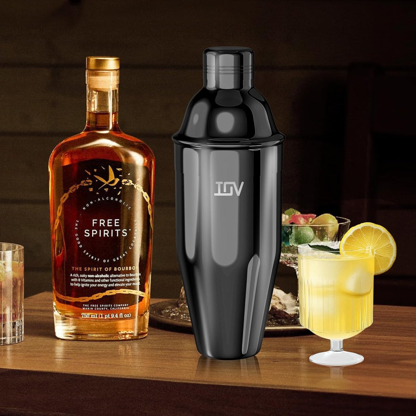 IOV Cocktail Shaker, 24 oz Martini Shaker, Drink Mixer with Built-in Strainer, Professional Stainless Steel Margarita Alcohol Shaker with Cocktail Recipe Guide, Bartender Kit Gifts, Black