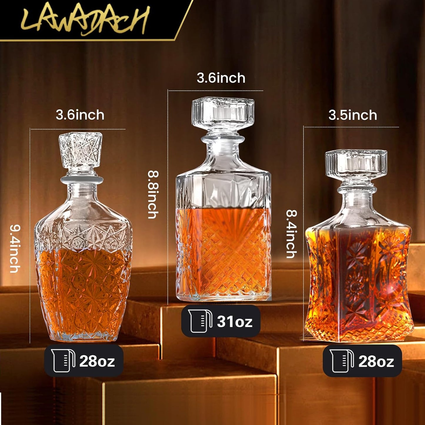 Whiskey Decanter, Liquor Decanters Set of 3, Glass Alcohol Bottle for Vodka, Tequila and Bourbon Unique Whiskey Bar and Party Decorations (28oz*2, 31oz*1)