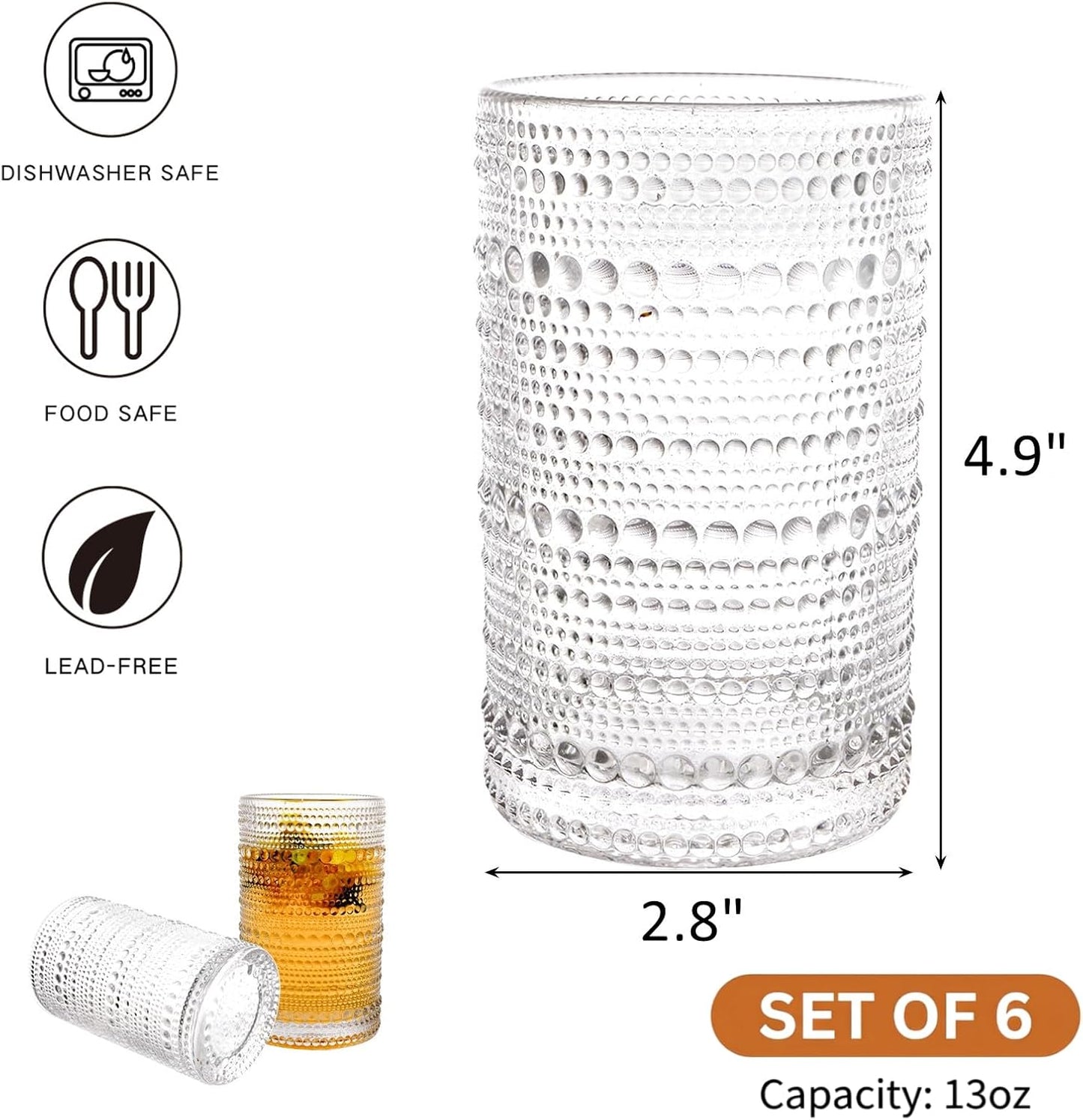 ZOOFOX Set of 6 Vintage Drinking Glasses, 13 oz Clear Hobnail Glasses Tumbler, Embossed Design Glassware for Beverages, Water, Juice, Beer, Cocktail, Whiskey and Milk