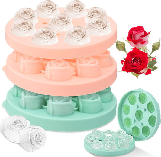 Hsei 2 Pieces 3D Rose Ice Mold 1.4 Inch Silicone Flower Ice Cube Trays Rose Silicone Mold for Freezer Whiskey Wine Cocktails Juice Bourbon Mimosas, Dishwasher Safe, Pink, Green