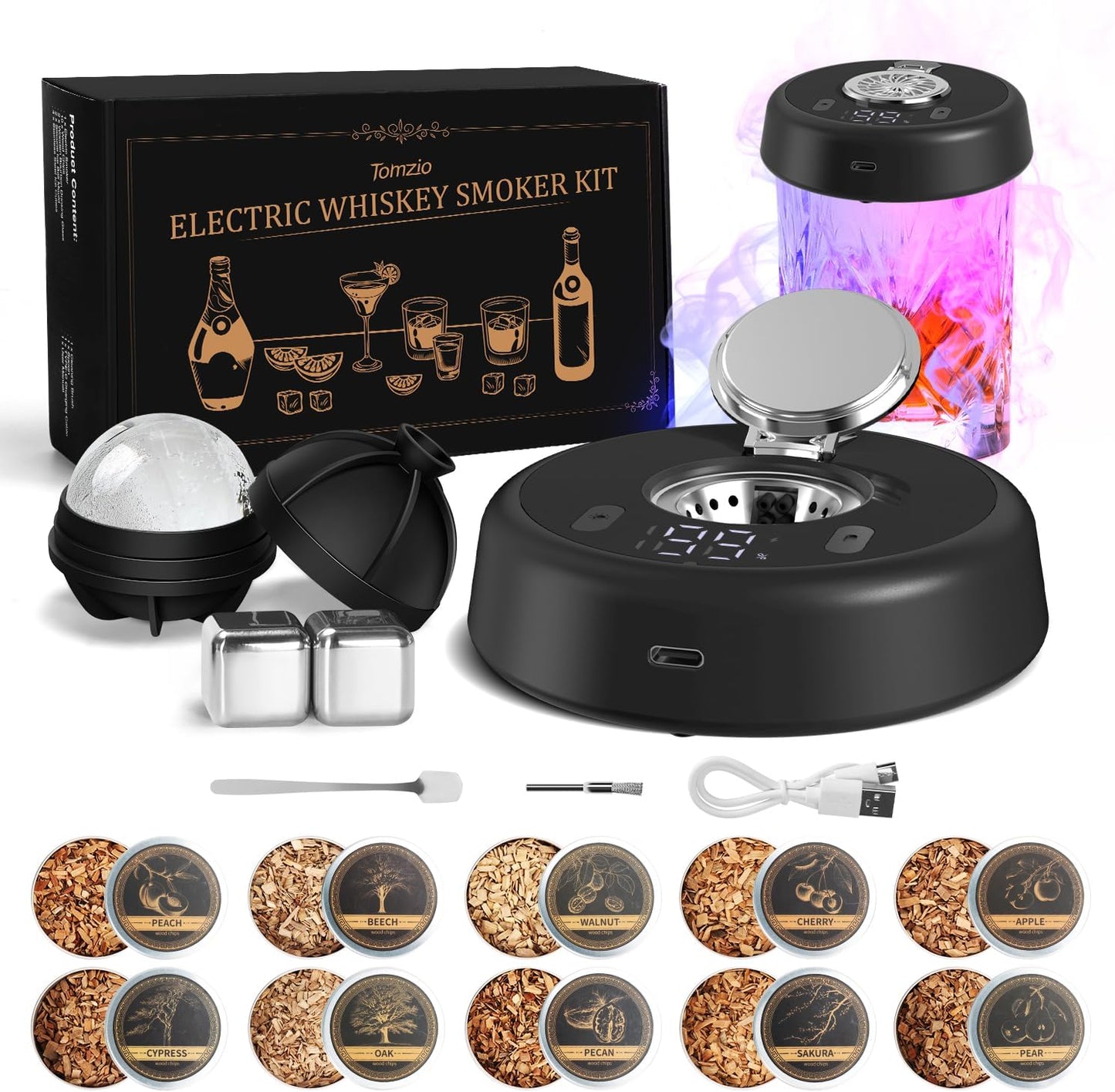 Electric Whiskey Smoker Kit, Torch-Free Rechargeable Cocktail Smoker with 7 Color Lights, Portable Drink Smoker with 10 Wood Chips, Ice Molds & Steel Cubes, Great Gift Idea for Whiskey Lovers