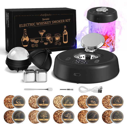 Electric Whiskey Smoker Kit, Torch-Free Rechargeable Cocktail Smoker with 7 Color Lights, Portable Drink Smoker with 10 Wood Chips, Ice Molds & Steel Cubes, Great Gift Idea for Whiskey Lovers