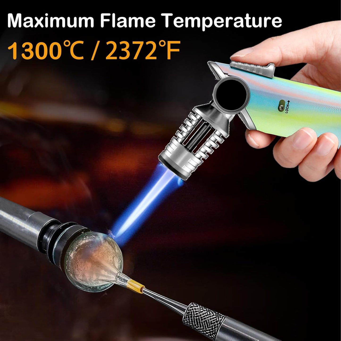 DOUBFIVSY Butane Torch Lighter, 60° Rotatable Refillable Kitchen Cooking Torch Windproof Adjustable Flame Lighter with Fire Lock for Baking Creme Brulee BBQ, Butane is Not Included (Colorful)
