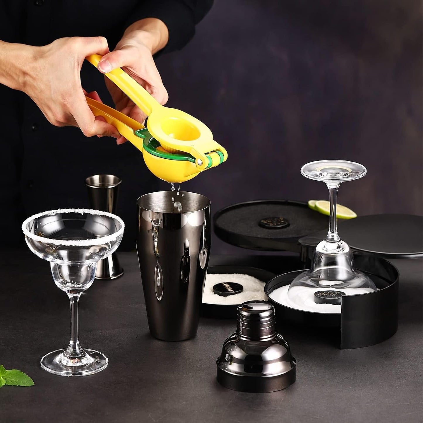 Margarita Kit - Set of 2 Margarita Glasses (8.5oz), 3-Tier Salt Rimmer, Stainless Cocktail Shaker & Jigger, Coasters，Cocktails Cards，Citrus Squeezer and More - Margarita Kit Gift Set