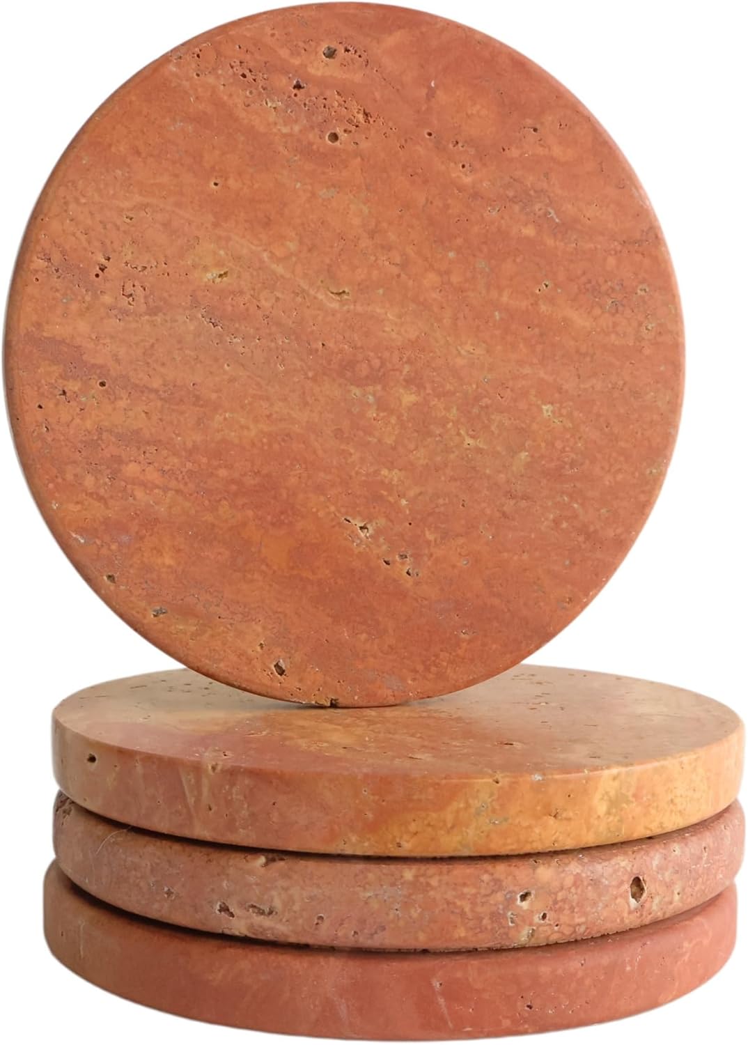 Natural Travertine Stone Coasters Set of 4 with Cork Backing – 4” (10cm) Round Absorbent Drink Coasters, Non-Slip Coffee Table Protectors, Rustic Farmhouse & Modern Décor, Gift-Ready