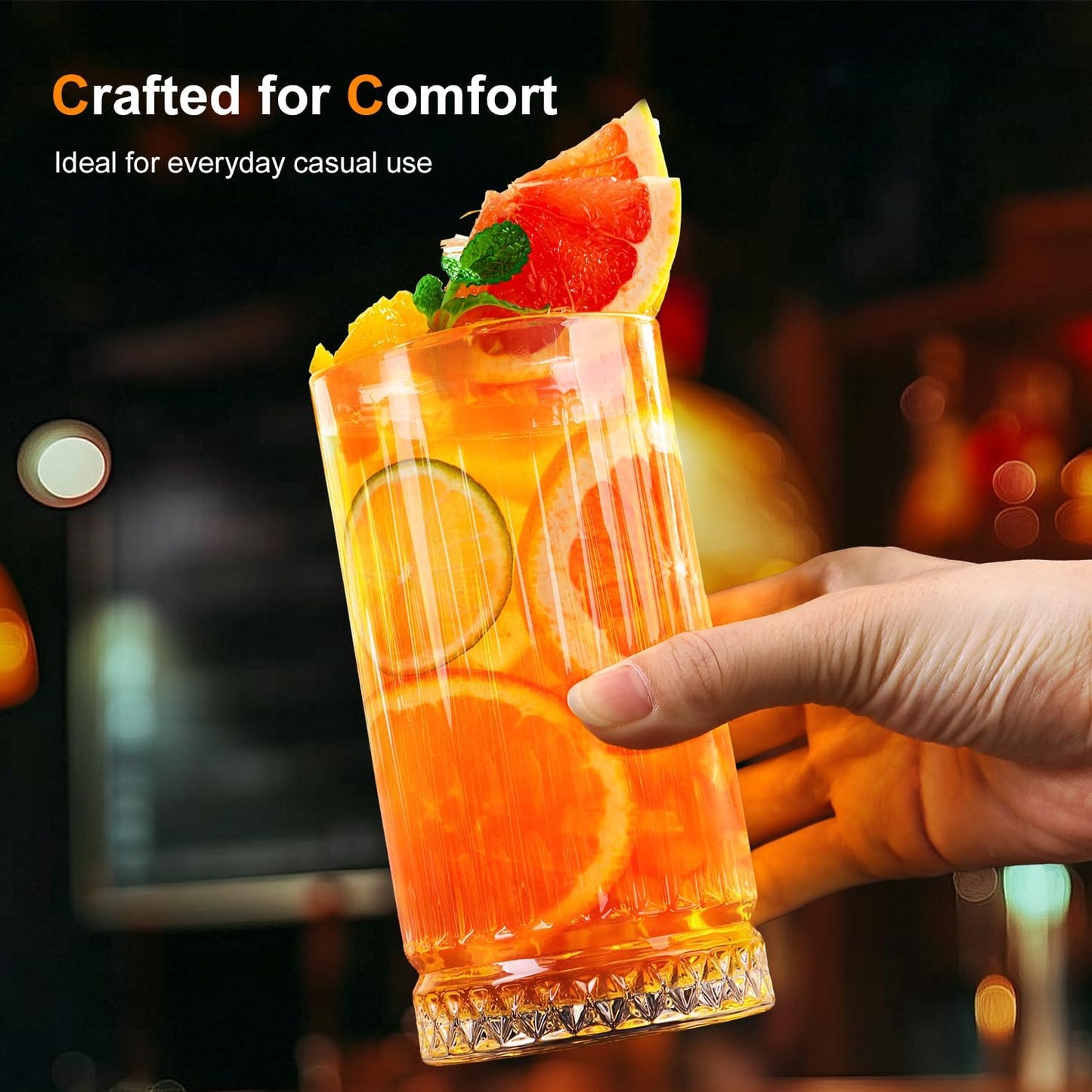 Highball Glasses Set of 4, 16oz Tall Drinking Glasses, Lead-free Crystal Water Glassware for Juice, Cocktails, Iced Tea
