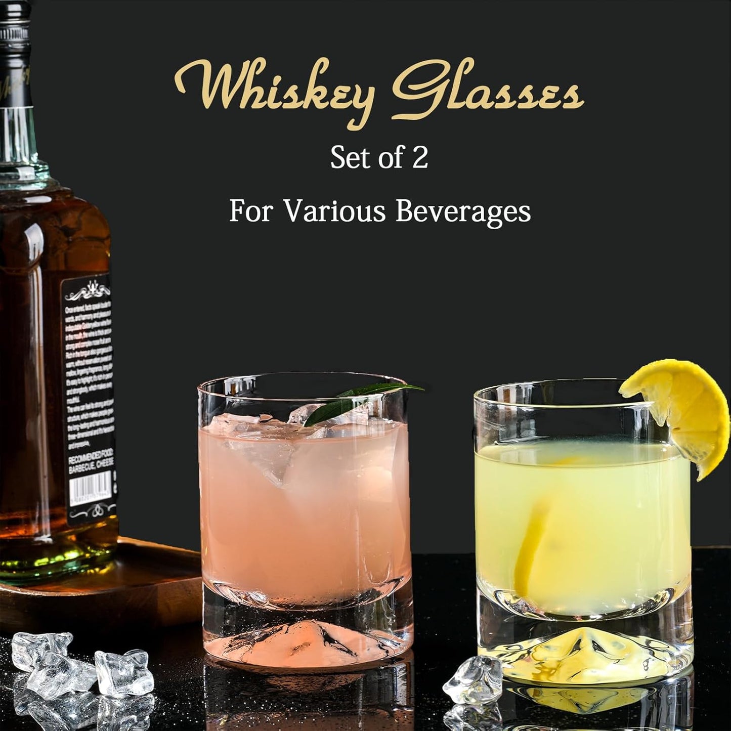Hand Blown Crystal Whiskey Glasses Set of 2,12 oz Old Fashioned Cocktail Glasses,Lowball Rocks Glass,Unique Hexagonal Base for Bourbon,Scotch and Juice,Perfect for Oversized Ice Cubes