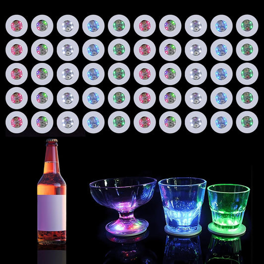 50 PCS LED Coaster, Multicolored Light Up Coasters for Drinks, Liquor Bottle Lights Stickers Coasters, Flash Light Up Bar Coaster for Club, Bar, Party, Wedding Decor