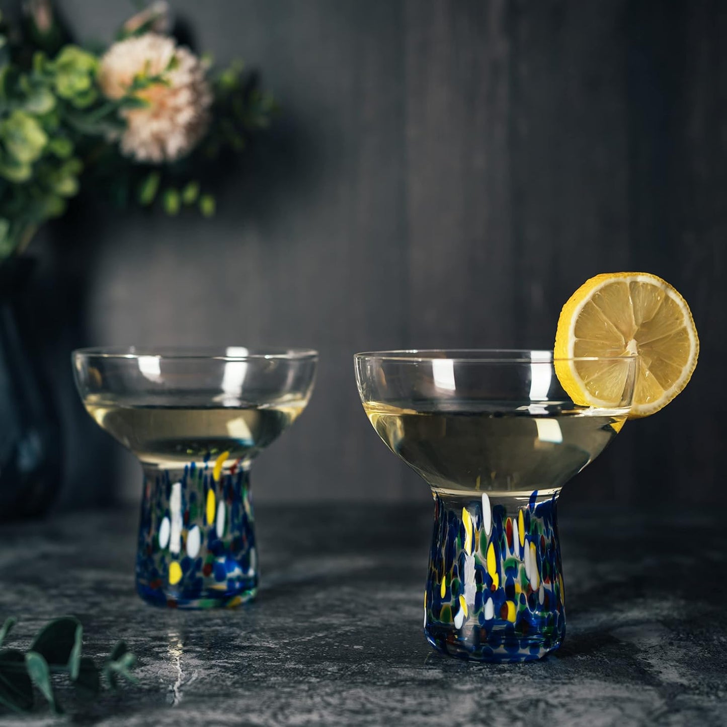 Stemless Margarita Glasses – Set of 4-6oz Luxury Hand Blown Confetti Margaritas, Martini, Cocktails, Water, Wine, Dessert & Champagne Glassware Cinco de Mayo, Hand Blown - Mexican Confetti Glass