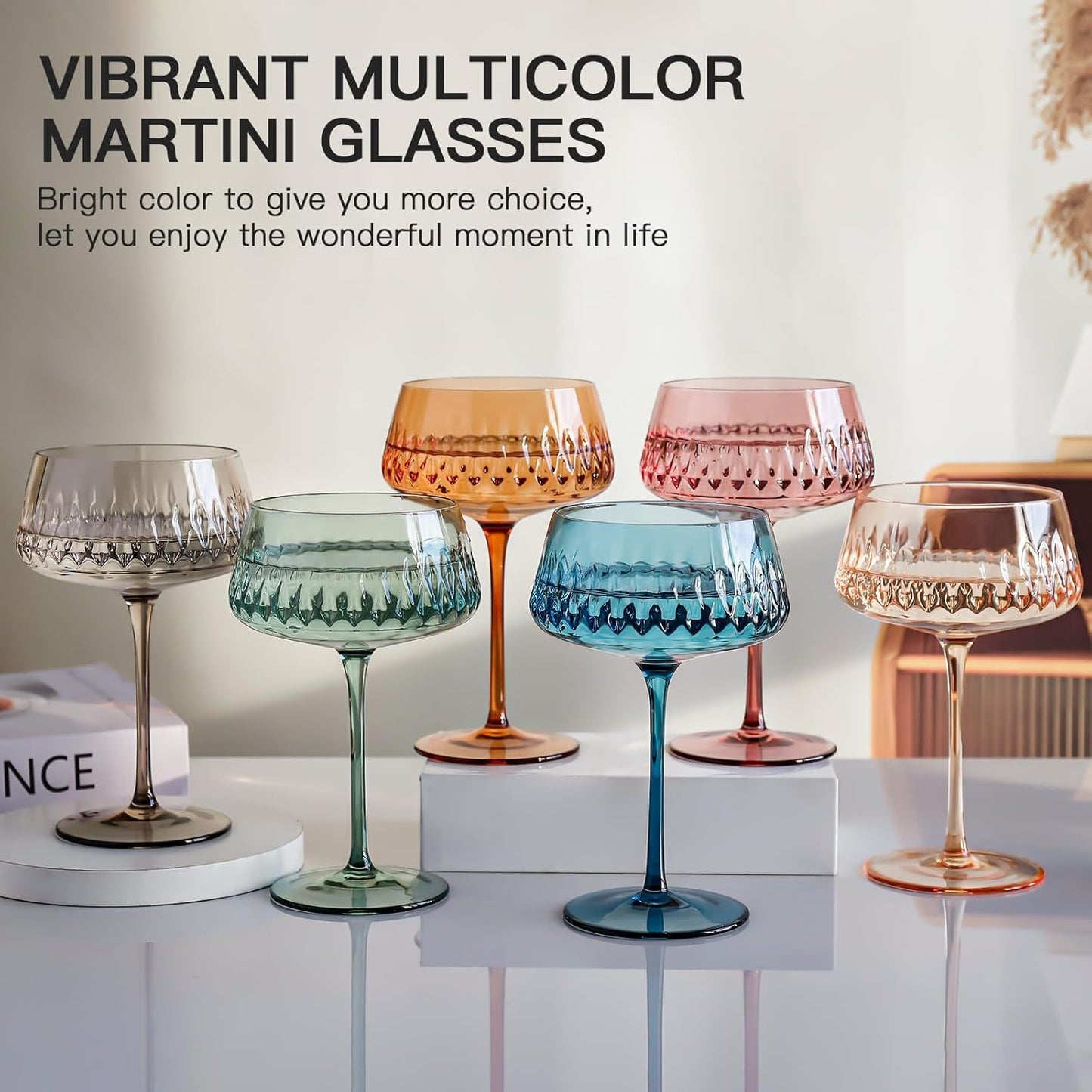 JOVGANK Colored Martini Glasses Set of 6, Hand Blown Colorful Cocktail Glass 14Oz, Large Vintage Champagne Coupe Glasses,Crystal Retro Style Bar and New Year Drinking Glasses, Mother's Day Gift