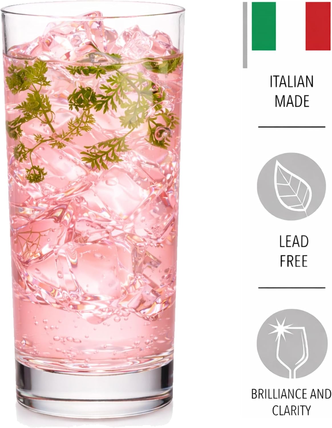 Godinger Highball Drinking Glasses, Italian Made Tall Glass Cups, Water Glasses Drinking Set, Cocktail Glasses - 14oz, Set of 4, Made In Italy
