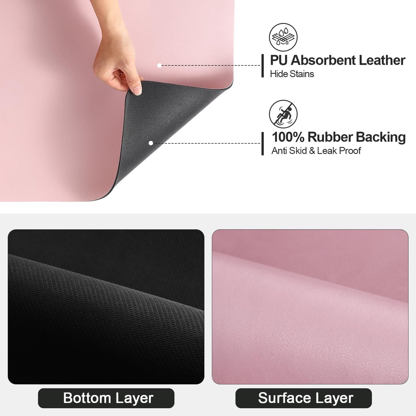 Ecotrim Absorbent Coffee Mat , Stain Hiding PU Leather Surface, Non-Slip Natural Rubber Backing, Quick Dry Mat for Espresso Machine, Kitchen Counter ,Pink | 12" x 19"