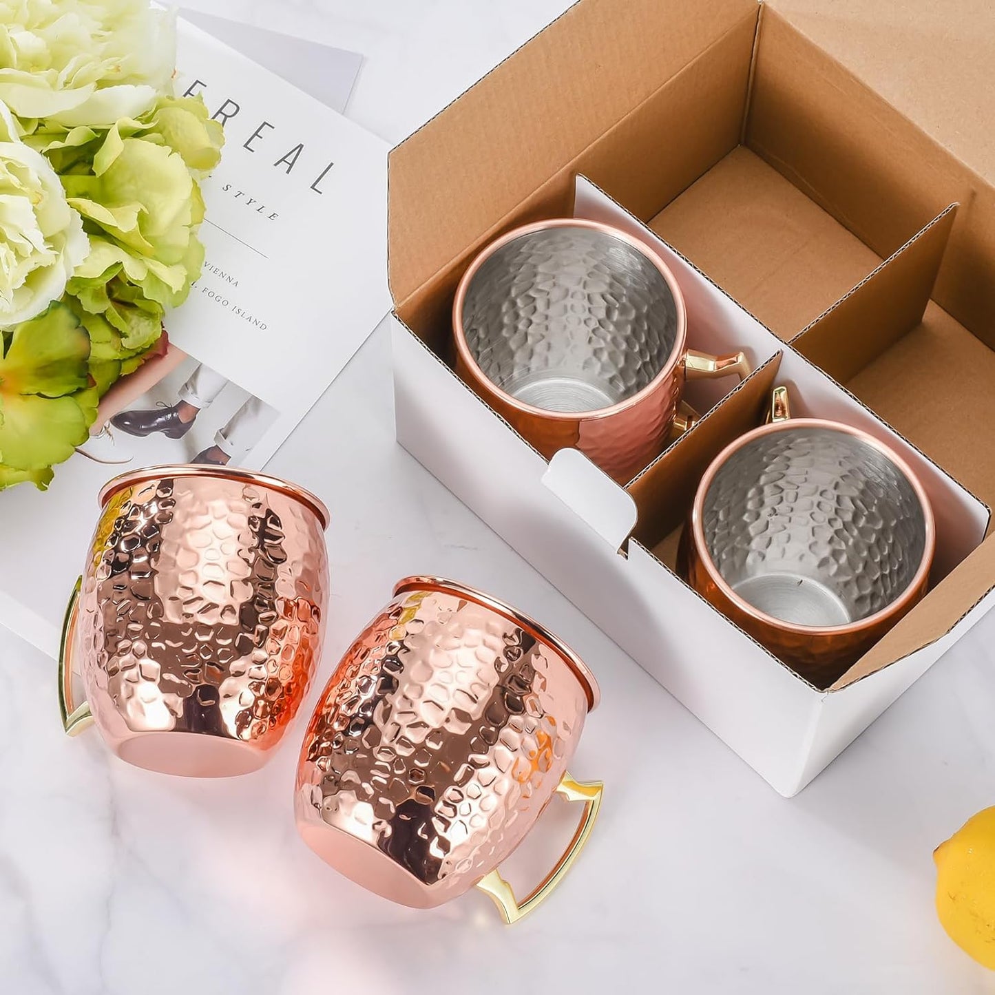 Amrules Moscow Mule Mugs Set of 4, 16 OZ Hammered Copper Cups with 304 Stainless Steel Lining and Gold Brass Handles, for Cold Drinks, Beer, Wine, Bars, Parties
