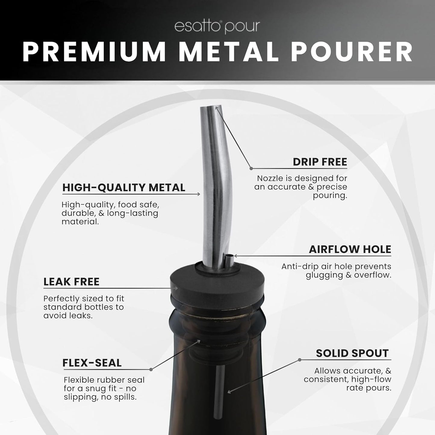 Stainless Steel Liquor Bar Bottle Pourers - Drip-Free Nozzle - Pour Spouts for Alcohol & Bartending - Universal Fit Speed Spout - Rust-Free & Easy Clean - Chrome (24 Pack)