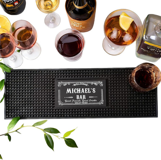 Personalised Bar Mat, Non-slip PVC Rubber Bar Mat, Custom Bar Name, Spill Mat for Countertop Home Bar Coffee Bar, Gifts for Bartender Drinking Lover Cocktail Lover Lover Newlywed, Beer Mat Decor