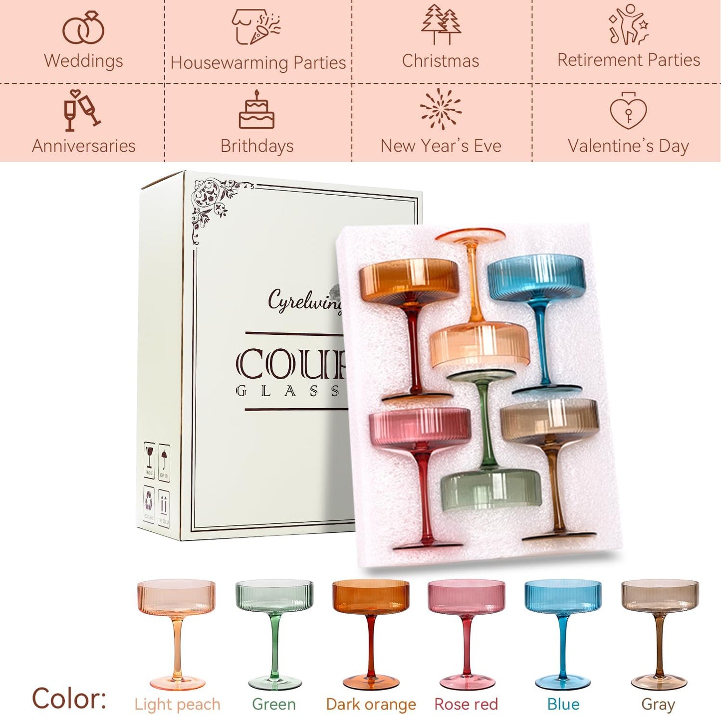 Colored Coupe Glasses Set of 6 |9 oz martini Glasses |Colorful Cocktail Glasses Set,Colored Coupe Glass,Champagne Coupe Glasses for Cocktail,Martini,Champagne