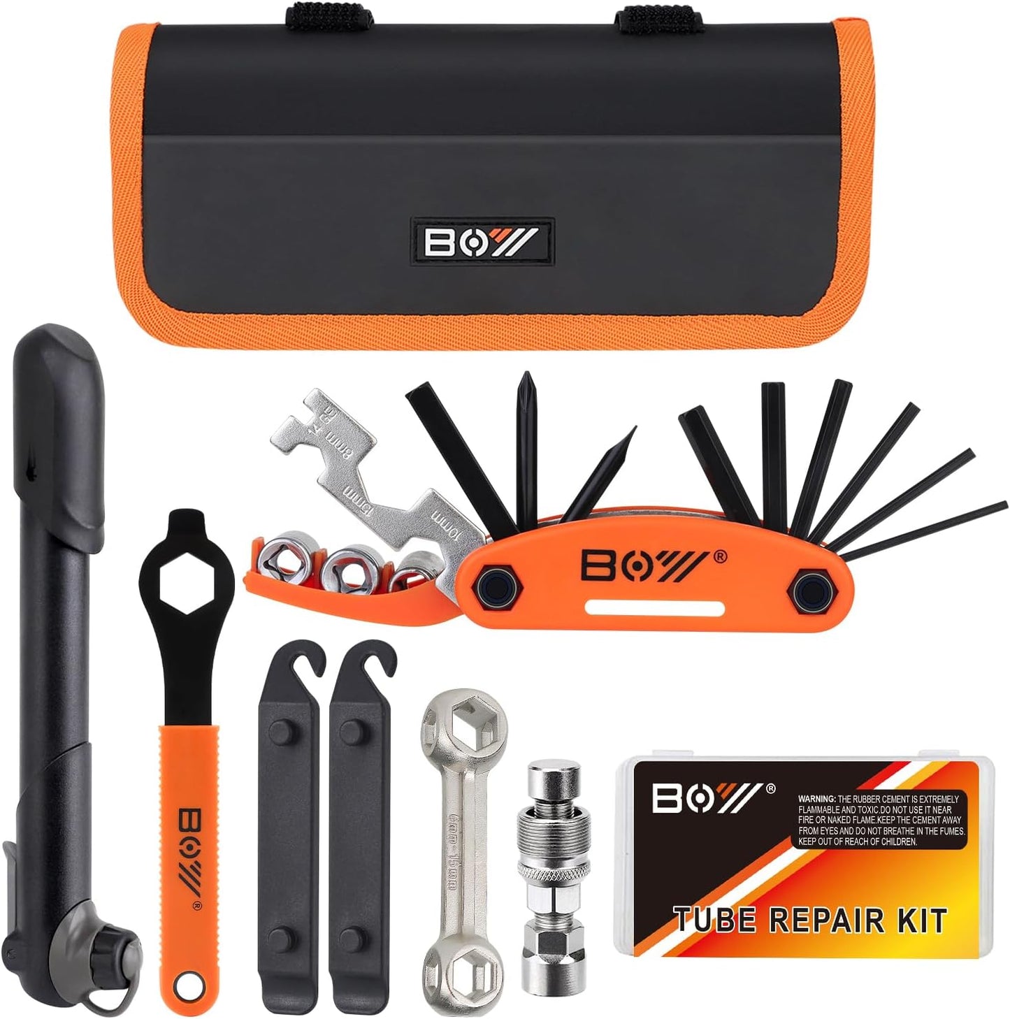 Bicycle Repair Bag With Tire Pump, Portable Tool Kit for Camping Travel - Bike Glueless Patches, Maintenance Essentials All in One Safety Kit