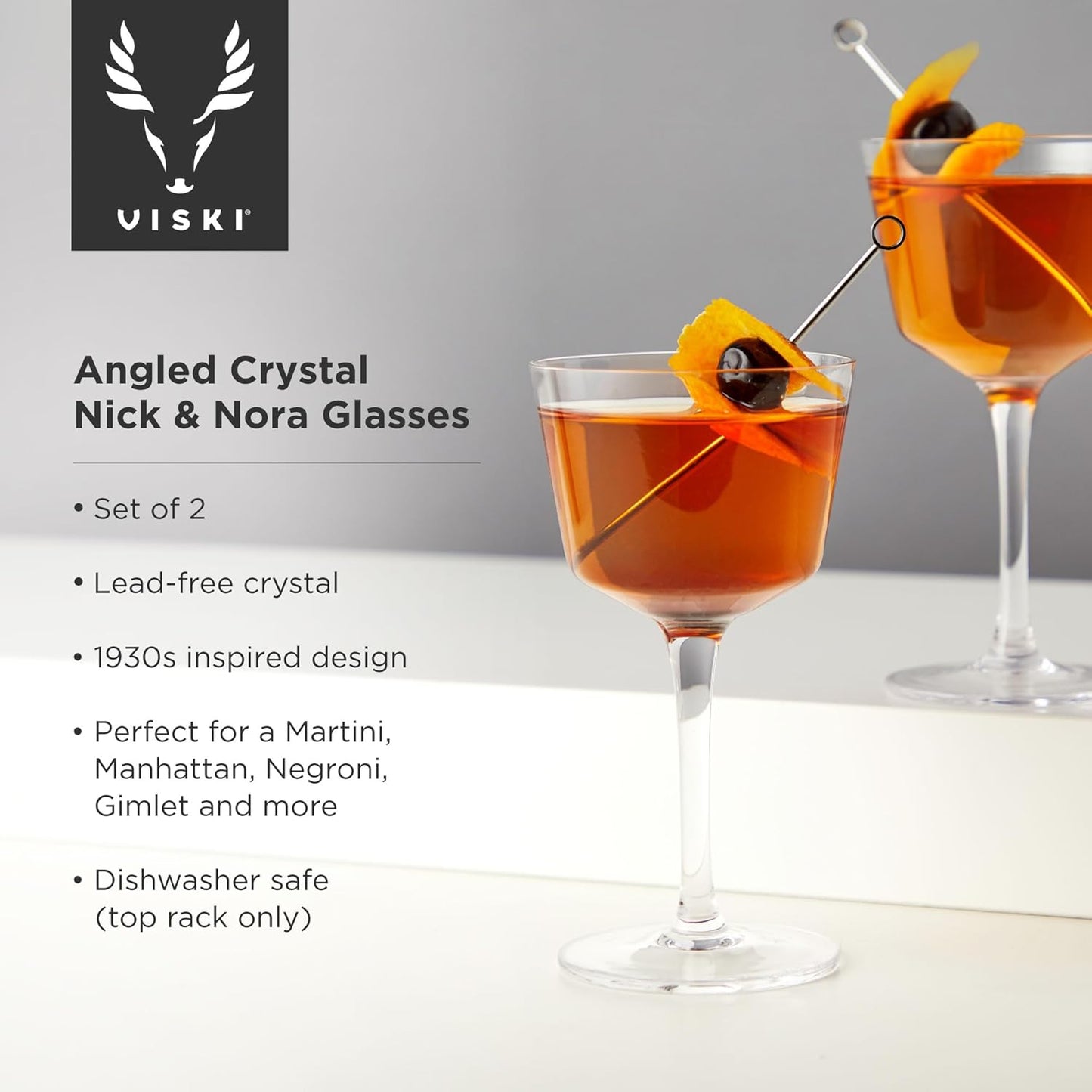 Viski Nick and Nora Glasses, Stemmed Drinkware, Premium Crystal Cocktail Glasses, Cocktail Coupe Glasses, Home and Bar Glass cups, Set of 2, 4oz