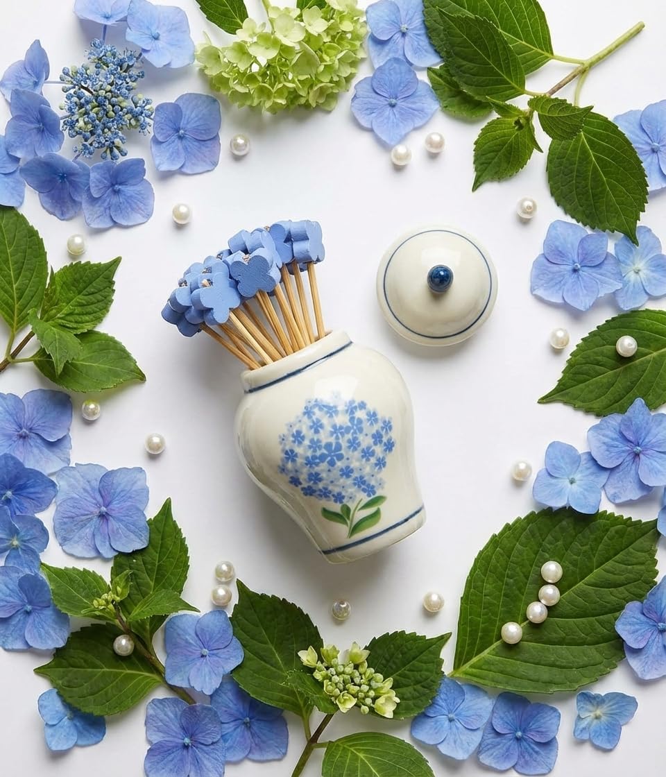 Hydrangea Ginger Jar & Bamboo Cocktail Picks Set - Elegant Ceramic Decor Piece with 20 Eco-Friendly Picks for Entertaining