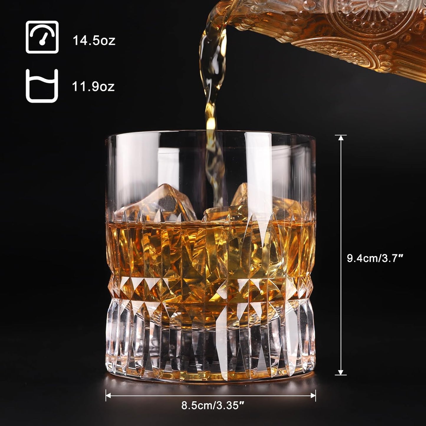 Hand Cut Crystal Whiskey Glasses Set of 2, Lead-Free Old Fashioned Glass with Heavy Base, 11oz Elegant Barware for Scotch, Bourbon, Brandy - Perfect for Men, Dad, Him
