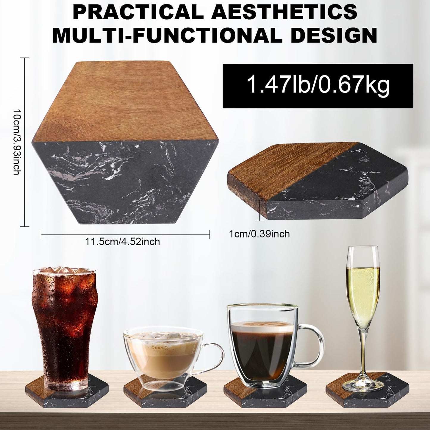 Marble Wood Coasters Set of 4, Fun & Cute Drink Coasters for Coffee Table, Coffee Bar Decor & Desk Accessories, Black