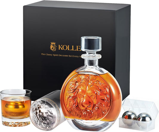 Engraved Lion Whiskey Decanter Set Gift for Men, Including 2 Lion-Engraved Shot Glasses & 2 Whiskey Ice Balls, Unique Christmas Birthday Gifts for Men Dad Husband, Cool Whiskey Set for Husband Brother