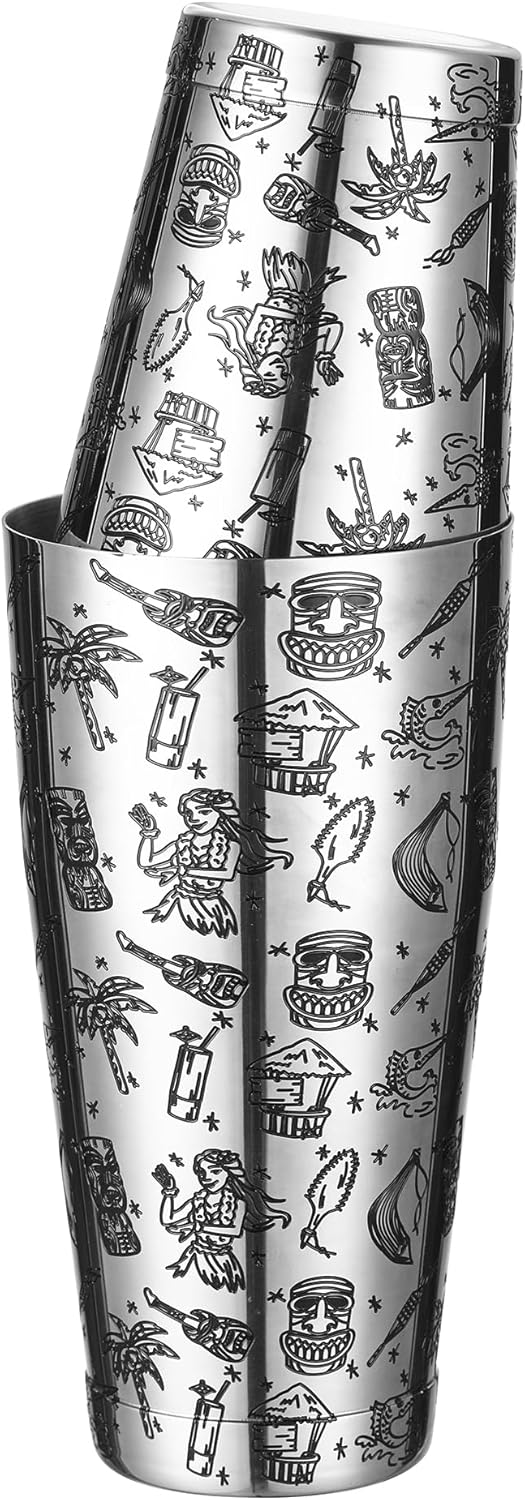 Weighted Boston Shaker Cocktail Shaker Etched with Tiki Imagery (Tiki Graphic)