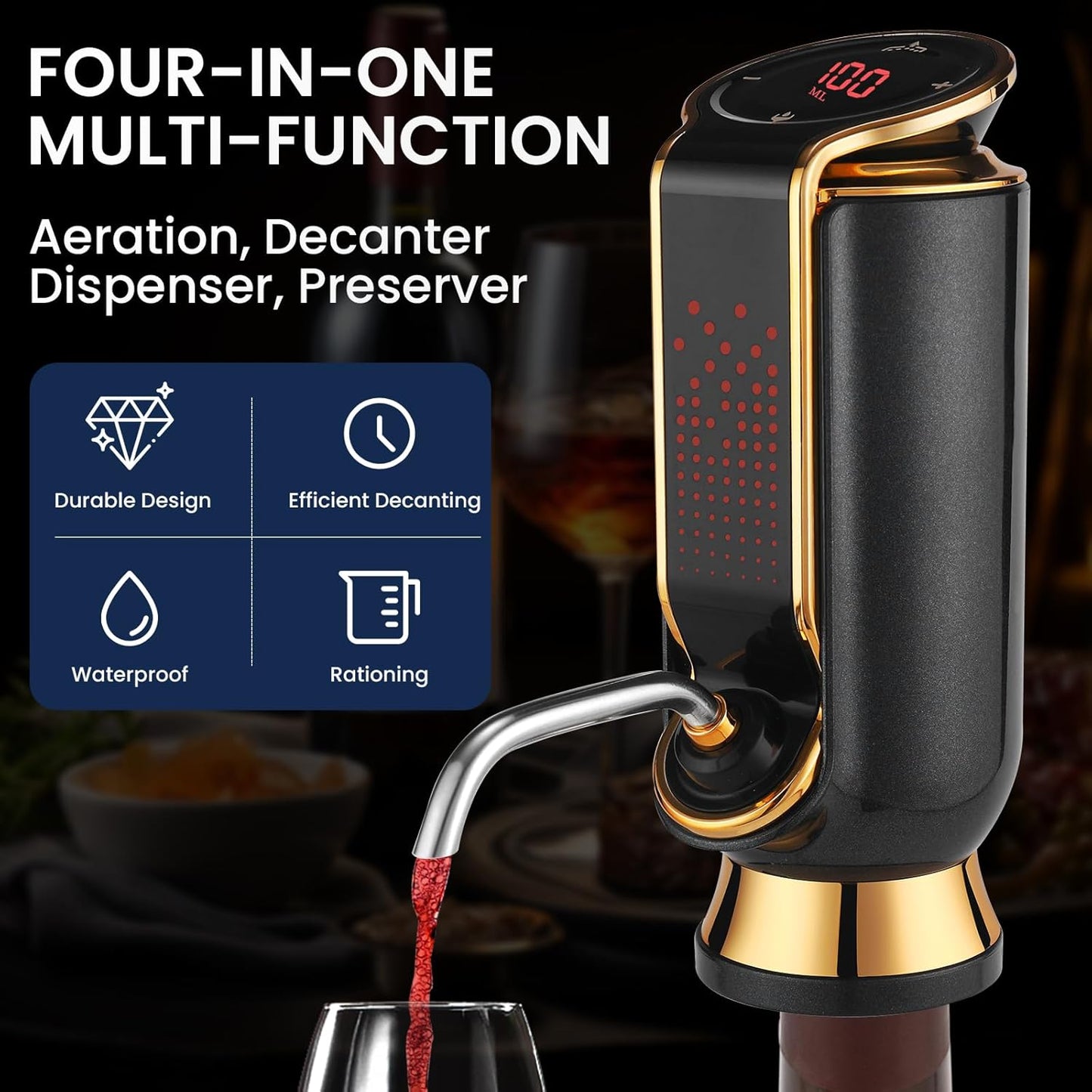 BLUBYEES Luxurious 4-in-1 Electric Wine Aerator, Decanter, Dispenser & Vacuum Saver with LED Display - Wine Pourer Gift for Women and Wine Lovers