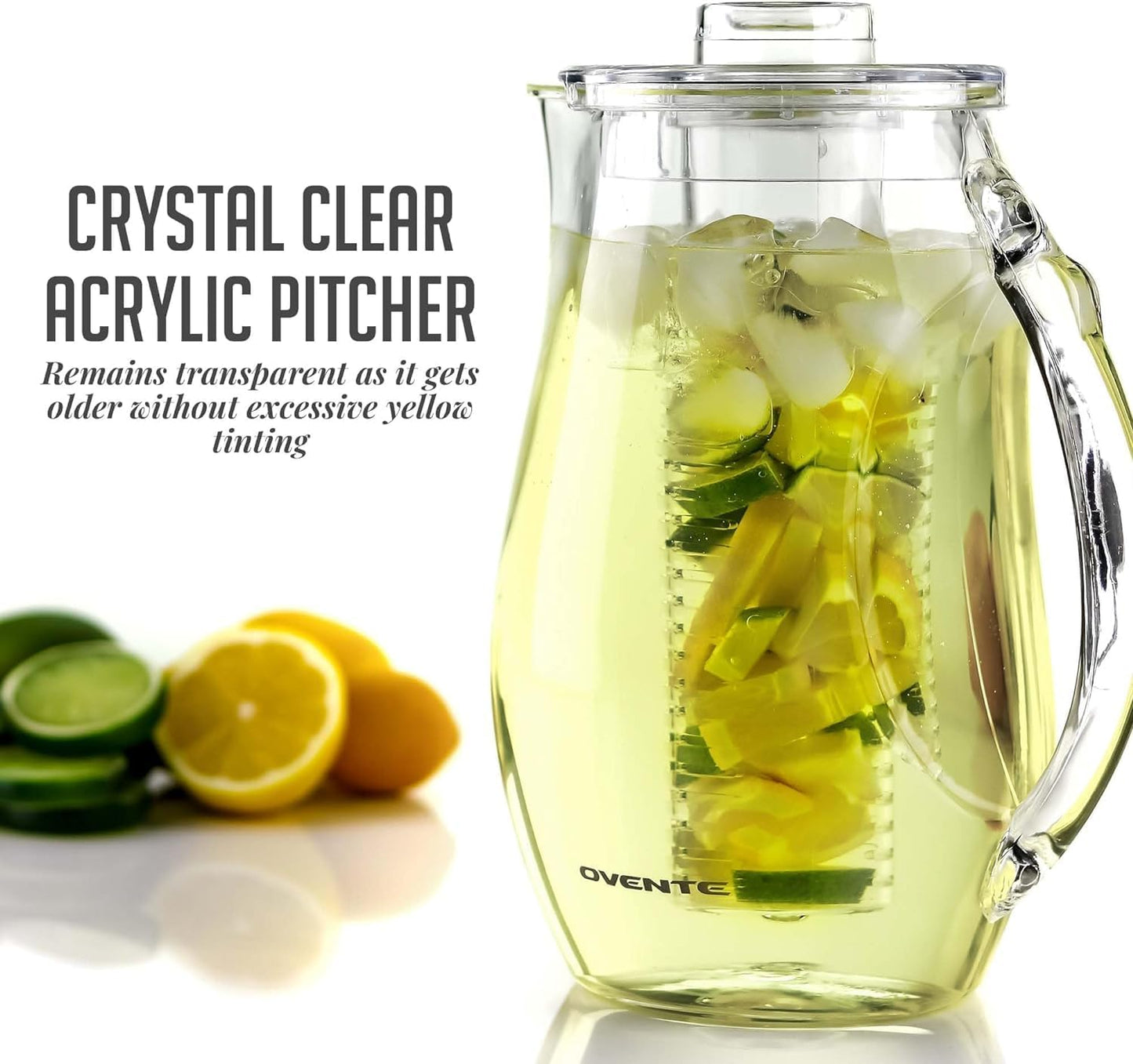 OVENTE Fruit Infusion Water Pitcher 2.5L/85Oz with Removable Lid and Infuser Rod, BPA-Free, Shatterproof Acrylic Beverage Jug for Flavor-Infused Drinks, Lemonade, Juice and Iced Tea, Clear PIA0852C