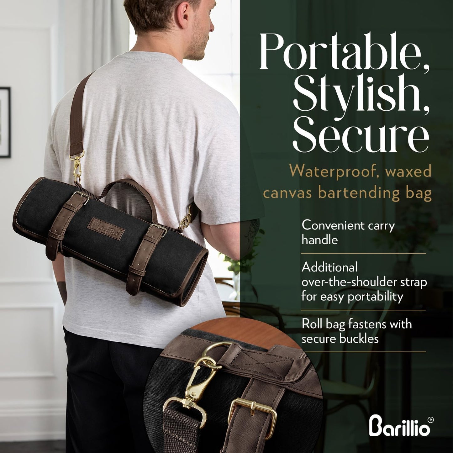 Barillio Bartender Kit Bag with Gold Cocktail Shaker Set - Waxed Canvas, Traveling Bar Tools Bag with 17-Pc Cocktail Kit - Travel Mixology Bartending Kits - Mobile Bar Roll with Strap & Accessories