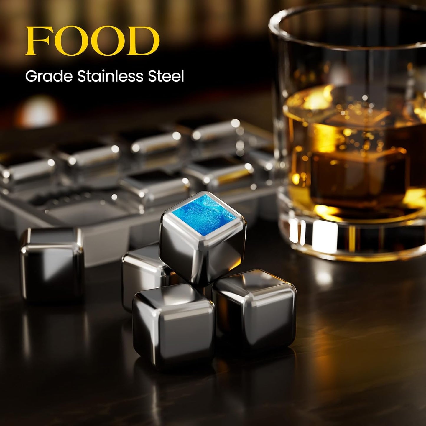 Kollea Whiskey Stones, 8 Packs Stainless Steel Whiskey Chilling Rocks, Reusable Ice Cube for Drinking, Cool Birthday Gift for Men Dad, Boyfriend, Beer Lover, Bourbon, Scotch, Gin, Beverage, New Year