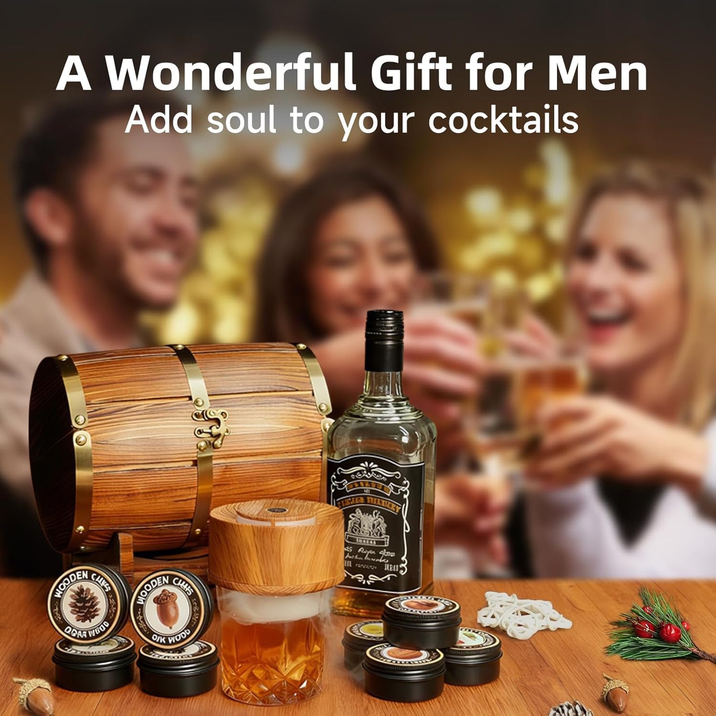 Whiskey Smoker Kit - Electric Cocktail Smoker with Wooden Barrel Case and 8 Flavors Wood Chips, Old Fashioned Smoker Kit Bourbon Gifts for Men