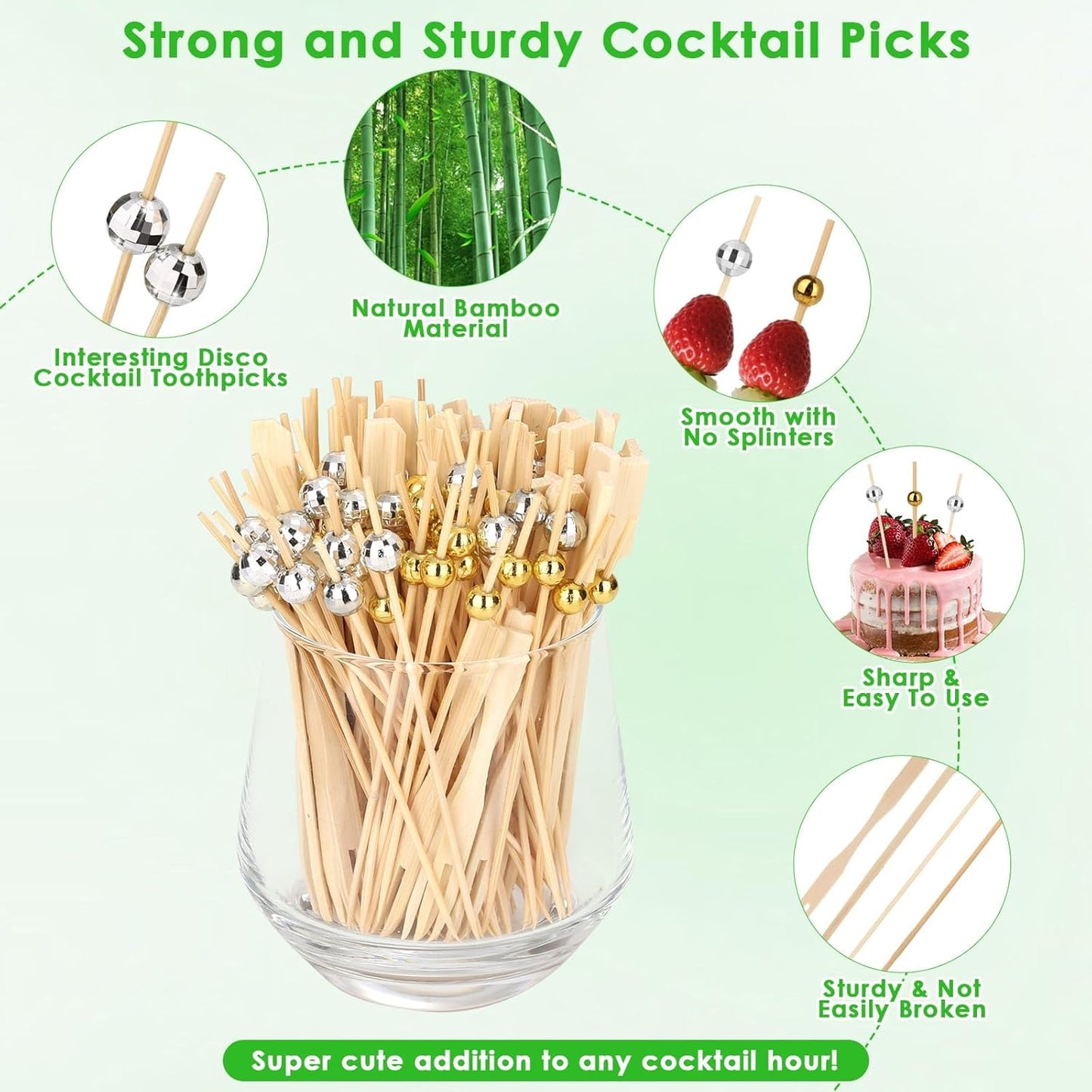 400PCS Cocktail Picks, Disco Ball Decorative Toothpicks for Appetizers, 4.7 Inch Bamboo Gold Ball Food Picks, Fancy Toothpicks for Appetizers, Drinks Party Fruit, Disco Party Decorations Supplies