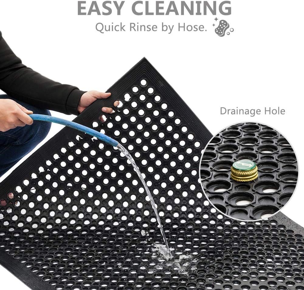 ROVSUN Rubber Floor Mat with Holes, Anti-Fatigue/Non-Slip Drainage Mat, for Industrial Kitchen Restaurant Bar Bathroom Utility Garage Pool Entry Door Mat, Indoor (36'' x 60'' Black 1Pcs)