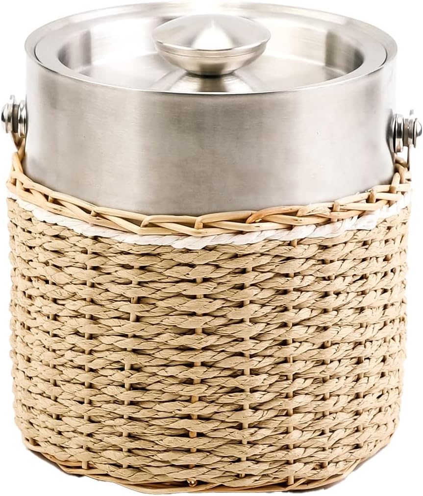 Ice Bucket with Lid, 2 Liter Stainless Steel Insulated Ice Bucket with Wicker Outer Basket Handle Tongs for Party Bar Buffet