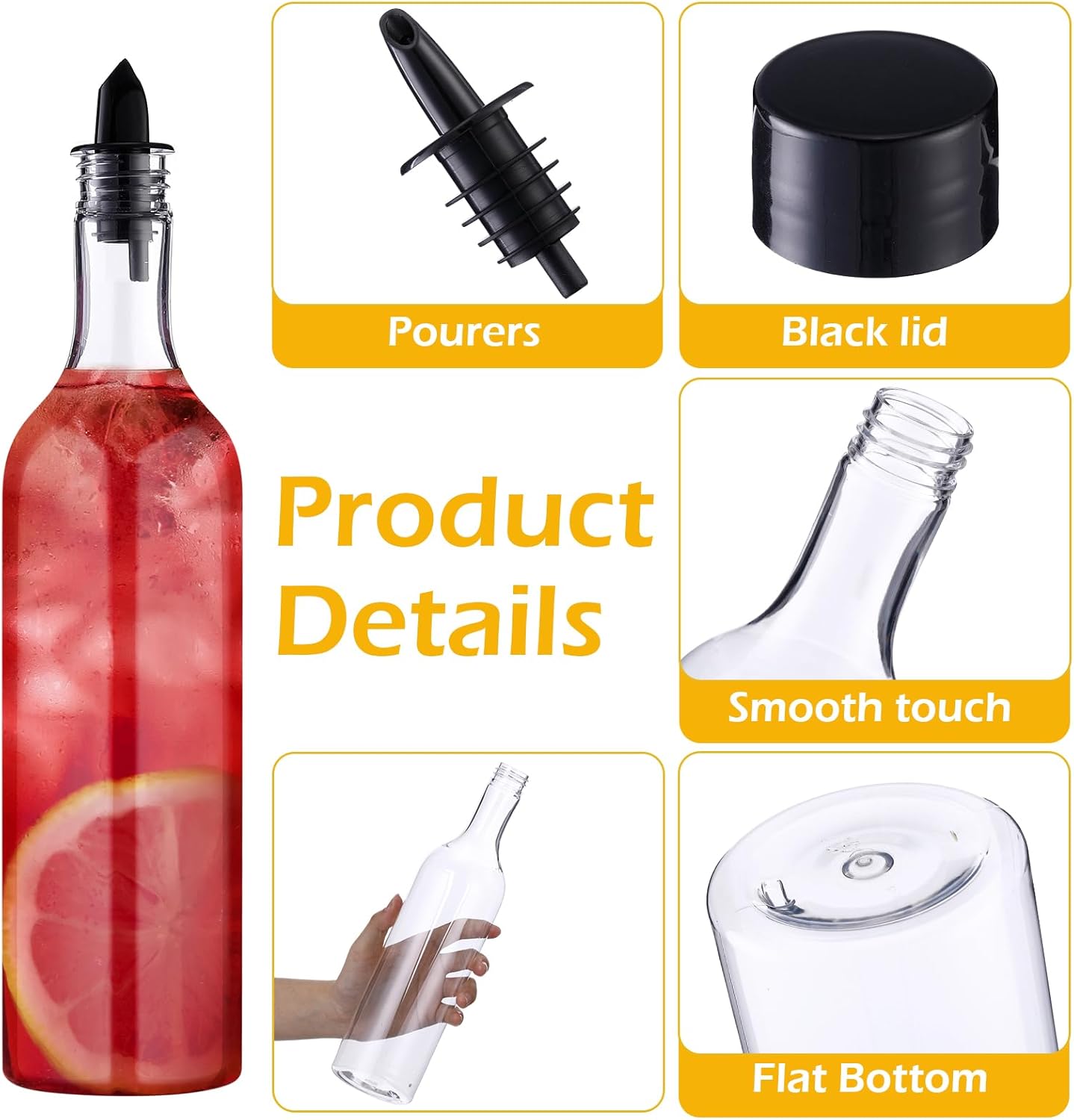 Yinder 24 Pcs Long Neck Plastic Bottles with Pourer 25 oz Empty Clear Wine Liquor Bottles Pour with 24 Pourers for Home Party Bar Kitchen (Black Pourers)