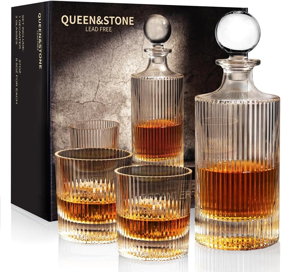 27Oz Whiskey Liquor Decanter Ribbed Set in Box,Decanter Set with 2 Glasses,Idea for Scotch Liquor,Whiskey Wine Decanter Suit for Men and Women Father Coworkers