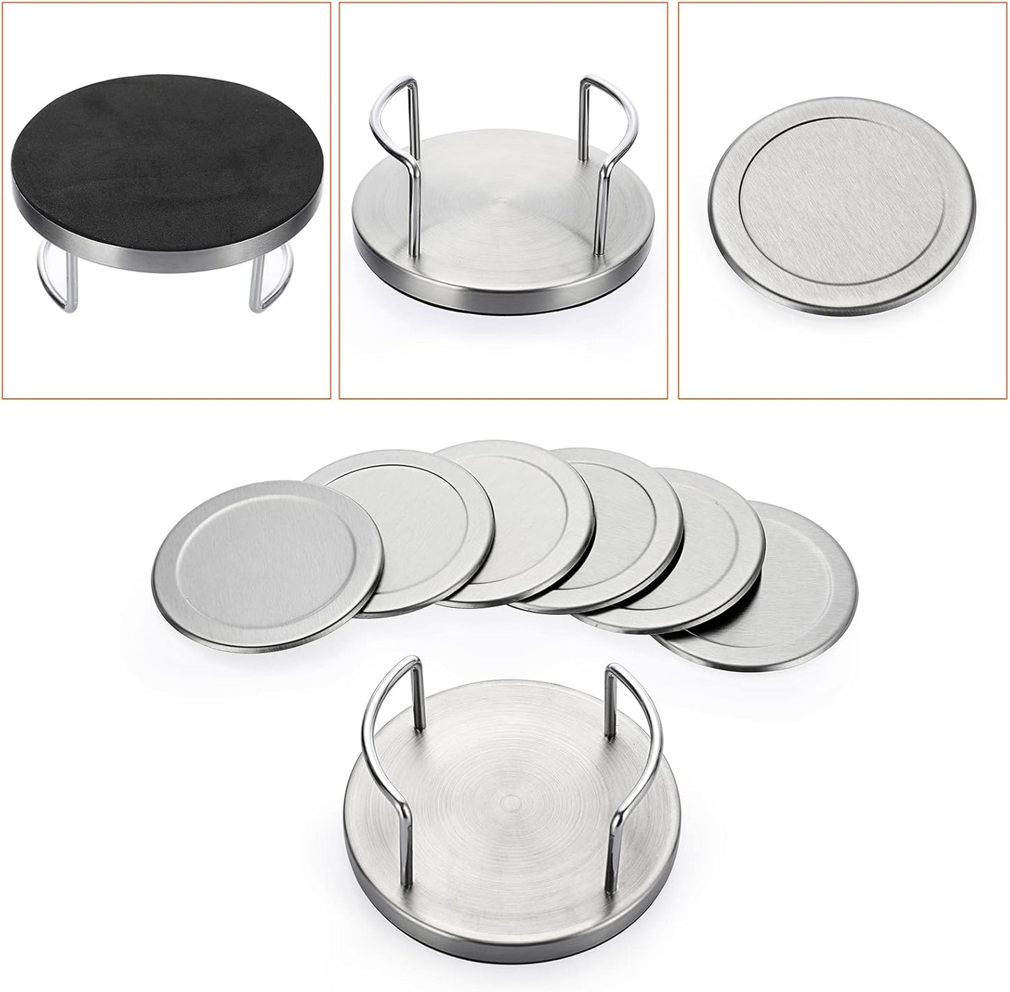 JUXYES Set of 6 Stainless Steel Round Coasters with Holder & Sponge Bottom, Silver Metal Cup Coasters Set Stunning Cool Coaster Cups Mats Decor for Restaurant Kitchen bar Dining Table