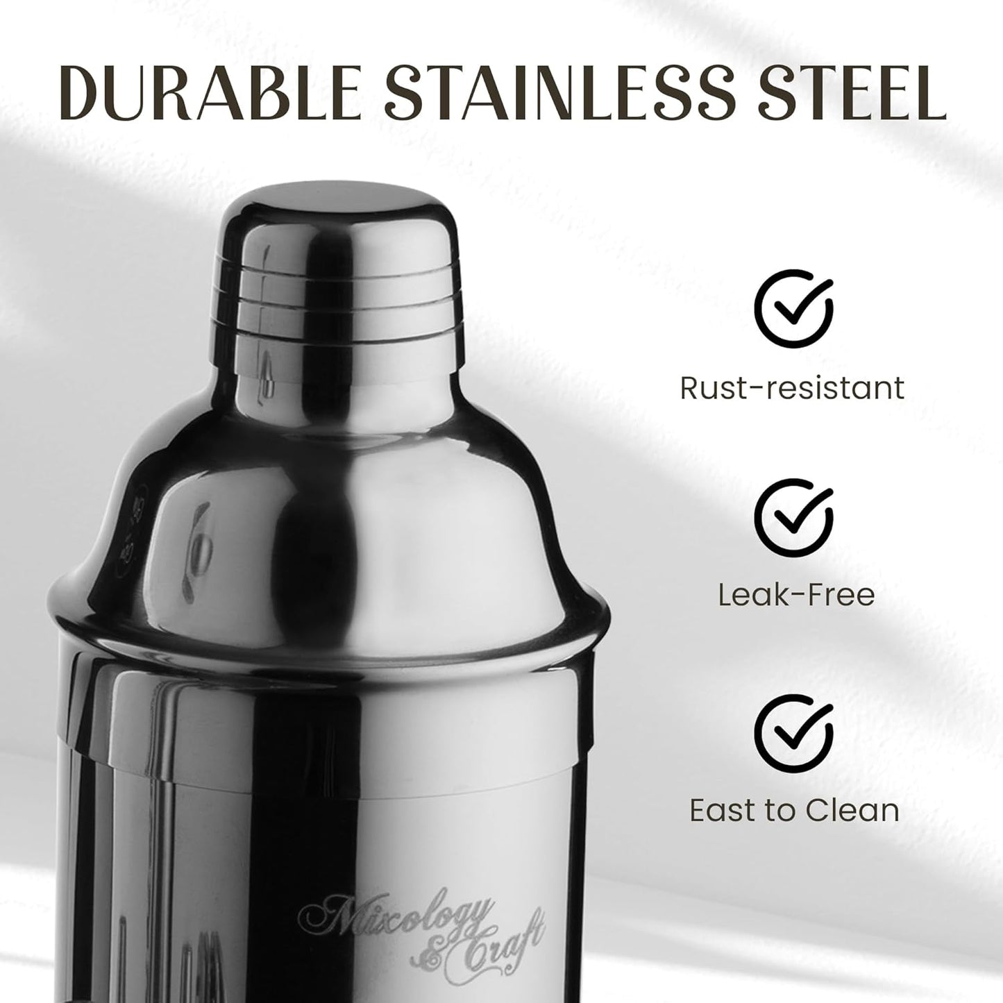 Mixology & Craft 9-Piece Cocktail Shaker Set with Sleek Metal Stand - 24oz Stainless Steel Bartender Kit - Professional Bar Tools: Built-in Strainer, Jigger, Muddler, Tongs, Spoon & Recipe Cards