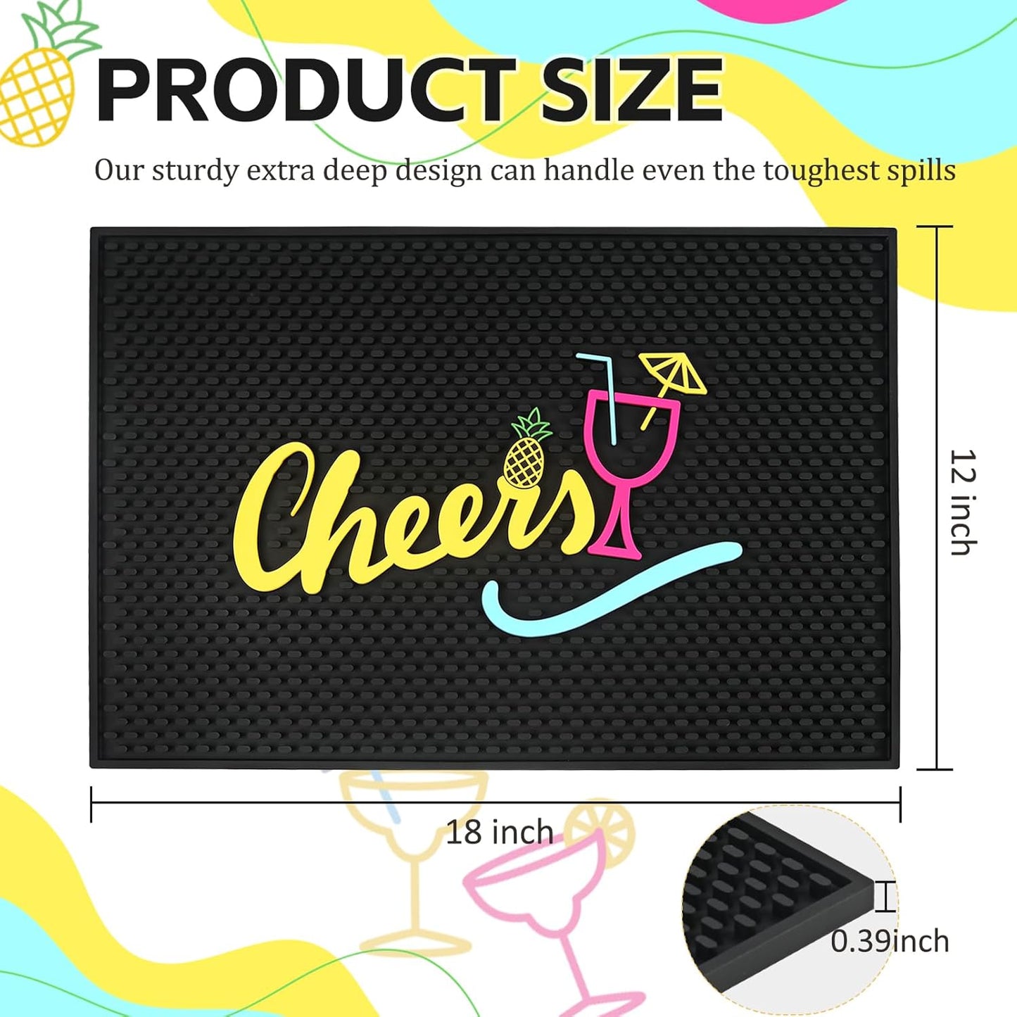 Cheers Bar Mats for Bartending, 18"x12" Large Thick Rubber Non-Slip Spill-Proof Tiki Bar Mat, Bartender Mat for Home Coffee Bar Cocktail Accessories