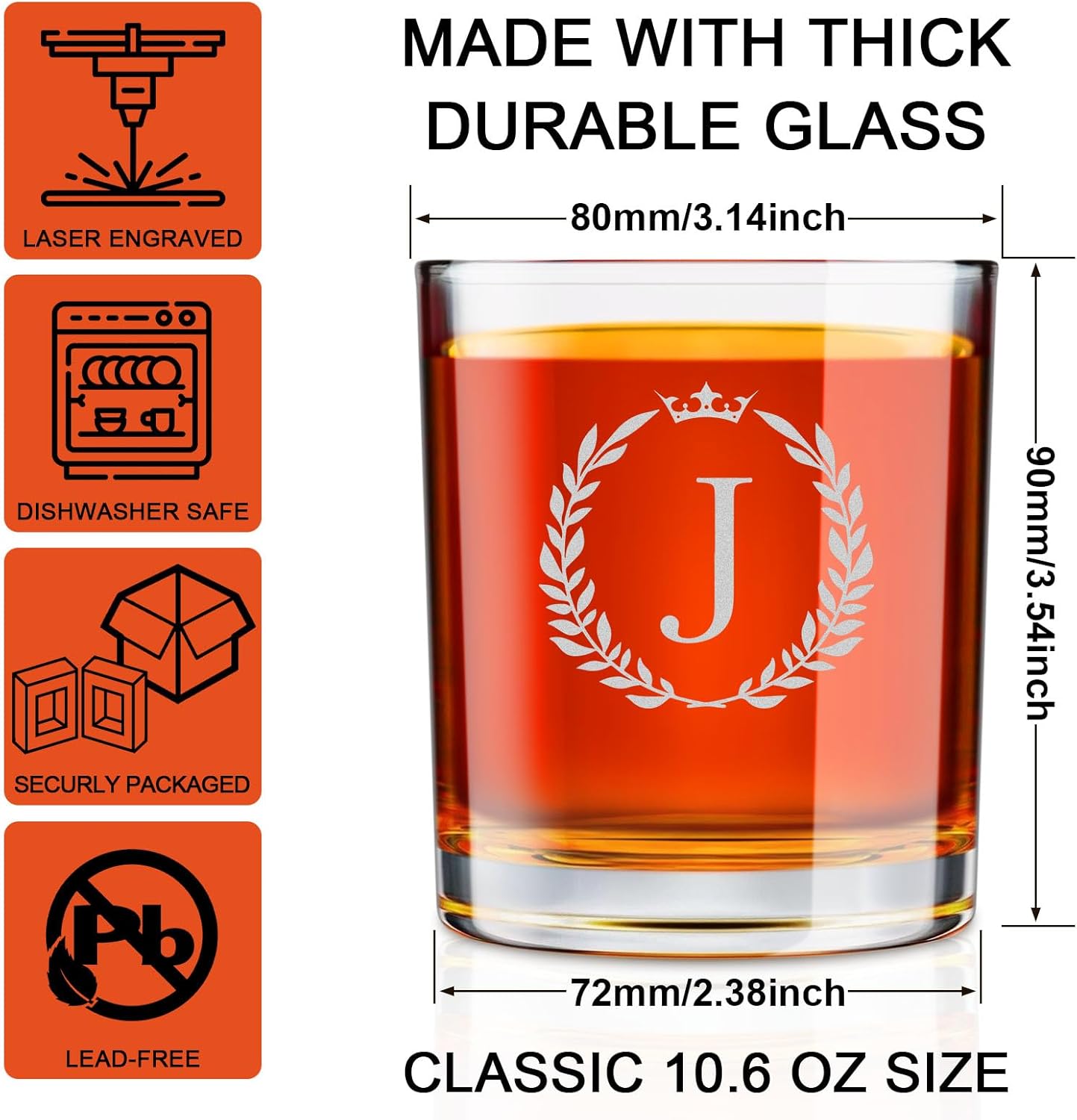Astonlink Personalized Whiskey Glasses Gifts for Men, Monogrammed Engraved A-Z 10.6 oz Rocks Glass Customized Gift, Unique Christmas Birthday Gifts for Men Him Dad Husband Brother Son (J)