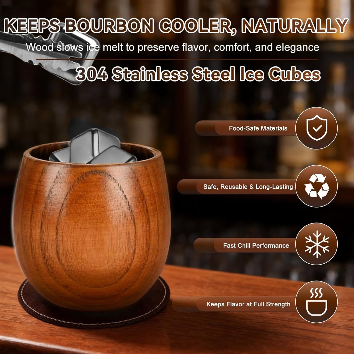 Charred Wooden Bourbon Drinking Glass Wooden Whiskey Glasses Set of 2 17-Piece Complete Whiskey Gift Set Old Fashioned Glass Bourbon Gifts for Men (Silver Accents)