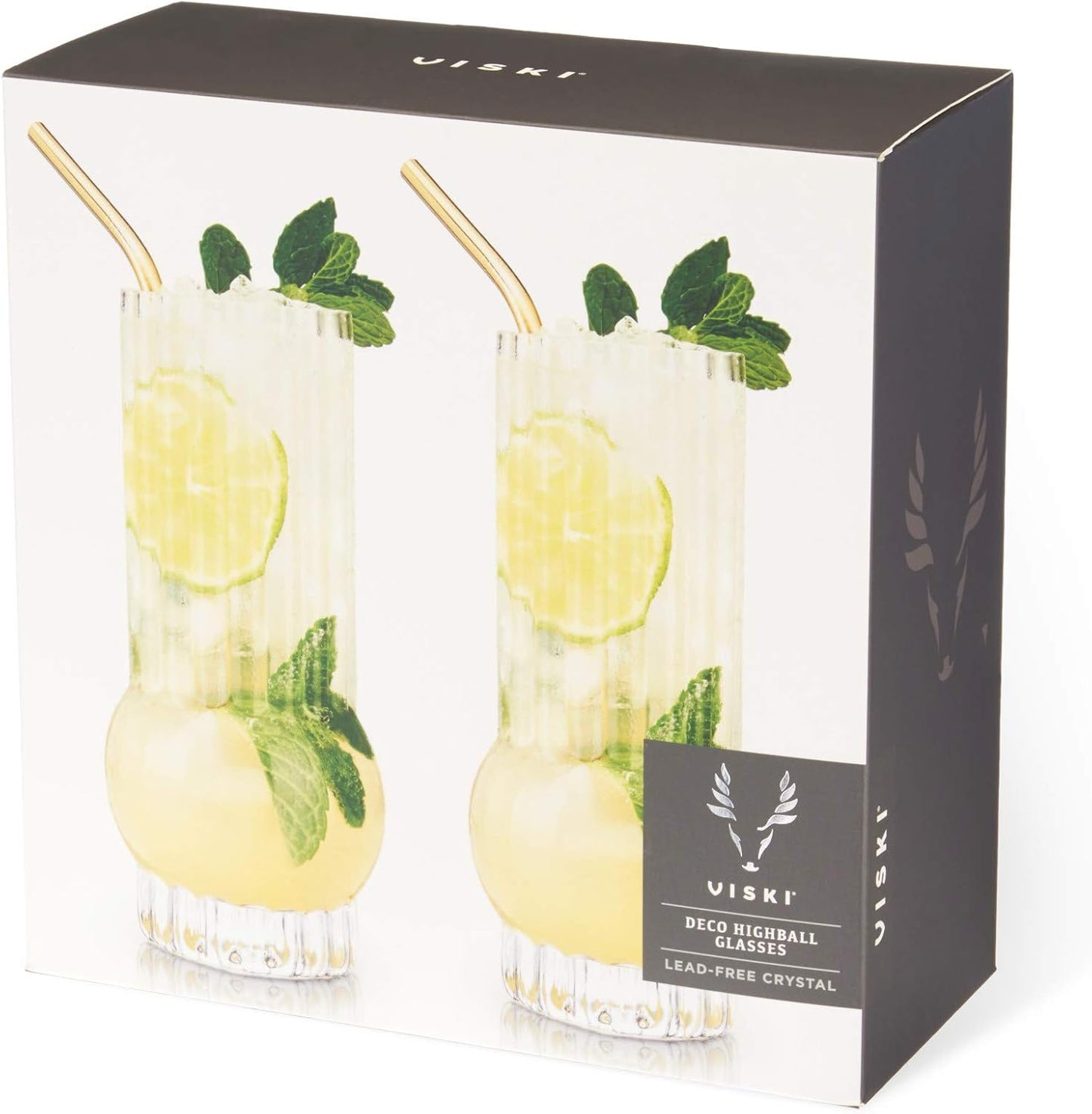 Viski Deco Crystal Island Highball Glasses Set of 2 - Premium Crystal Mojito and Gin and Tonic Glasses, Highball Cocktail Glassware Gift Set, 13 oz