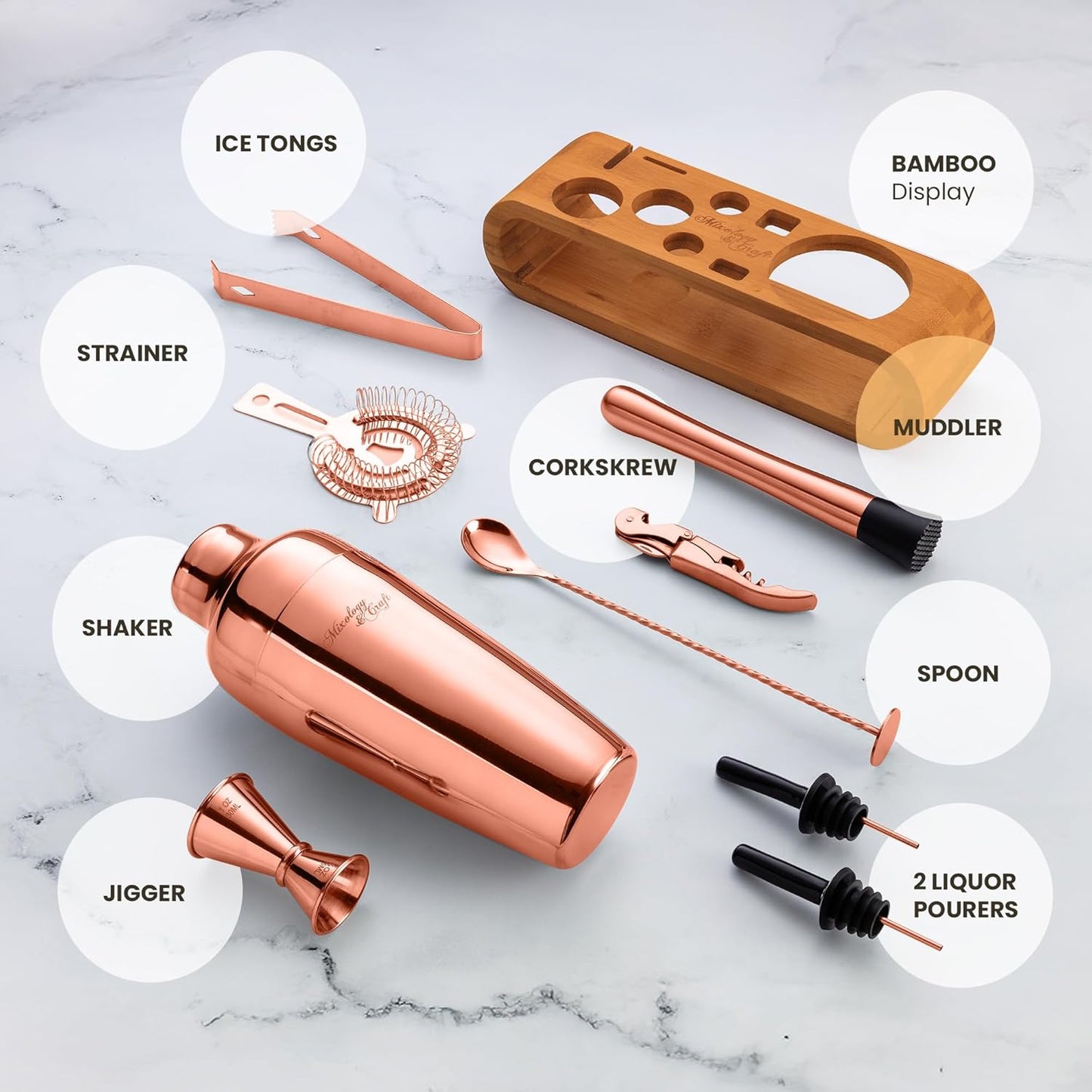 Mixology & Craft Cocktail Shaker Set with Bamboo Stand - Professional 10-Piece Bartender Kit - Complete Bar Set & Cocktail Mixer Kit for Home (Copper)
