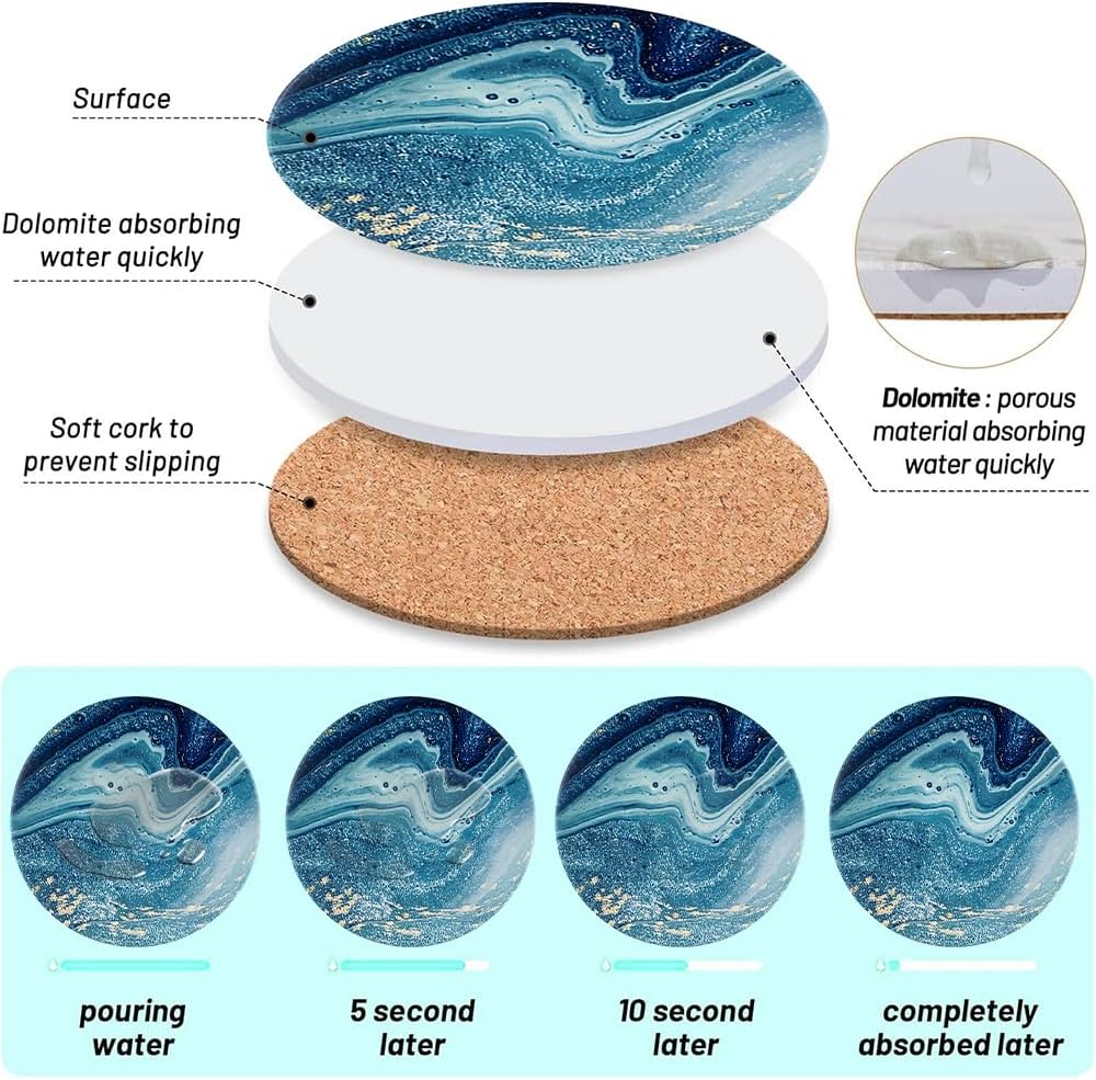 Ceramic Coasters Set of 6, Marble-Textured Design with Holder - Absorbent Cork-Backed Coasters for Cups, Bar & Coffee Table Decor Accessories (Blue Ocean, 6 Pack)