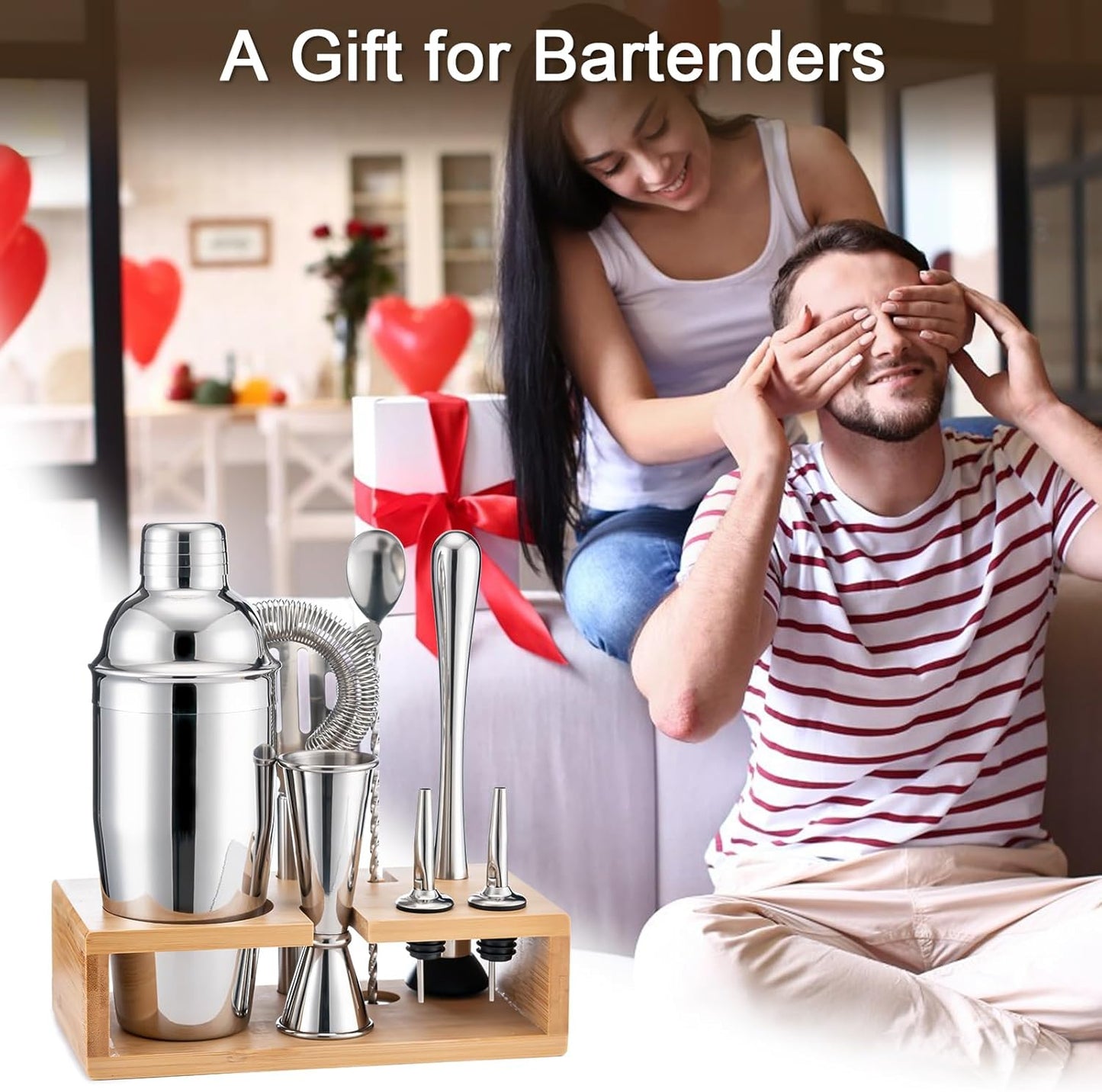 BRIOUT Cocktail Shaker Set Bartender Kit with Stand, Bar Set Drink Mixer Set with All Essential Accessory Tools: Martini Shaker, Jigger, Strainer, Mixer Spoon, Muddler, Liquor Pourers | Silver