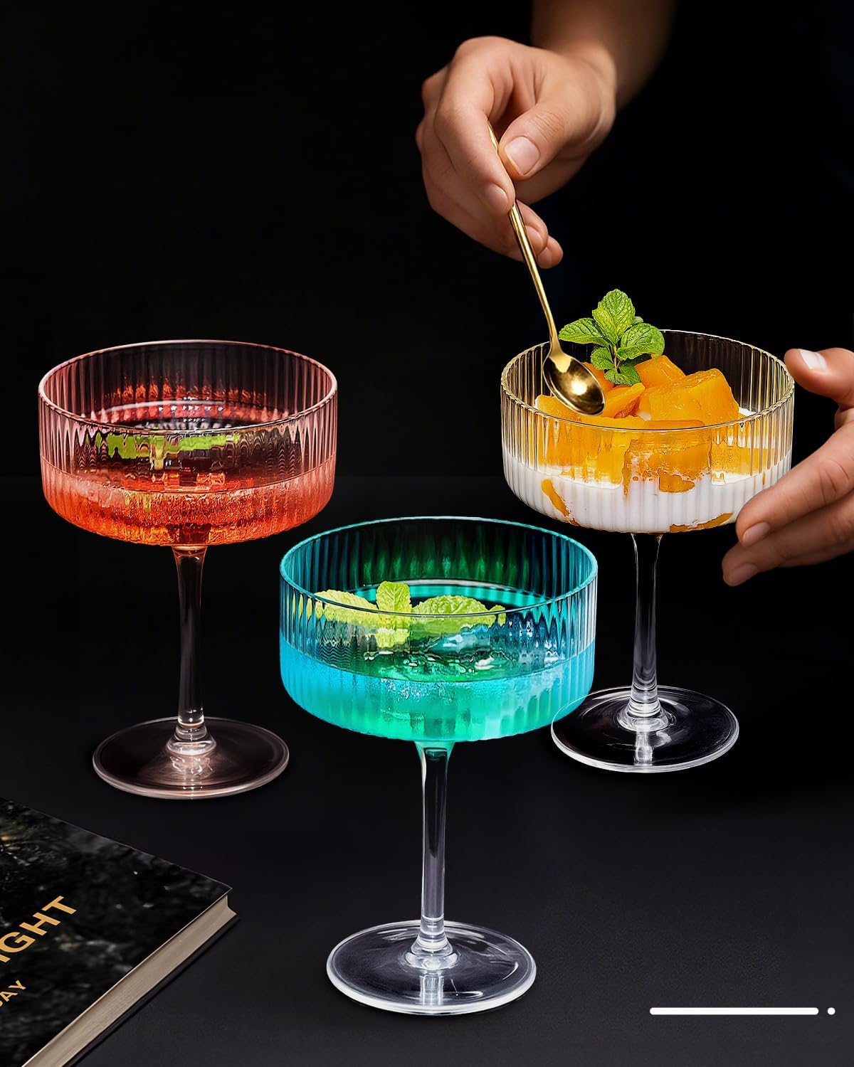 4 Pcs Coupe Glasses, Hand Blown 10 oz Cocktail Glasses, Ribbed Glasses, Gift Boxed Drinking Glass Set, Pefect Gift for Christmas, Espresso Martini, Manhattan, Wine, Champagne Martini Glasses Set of 4