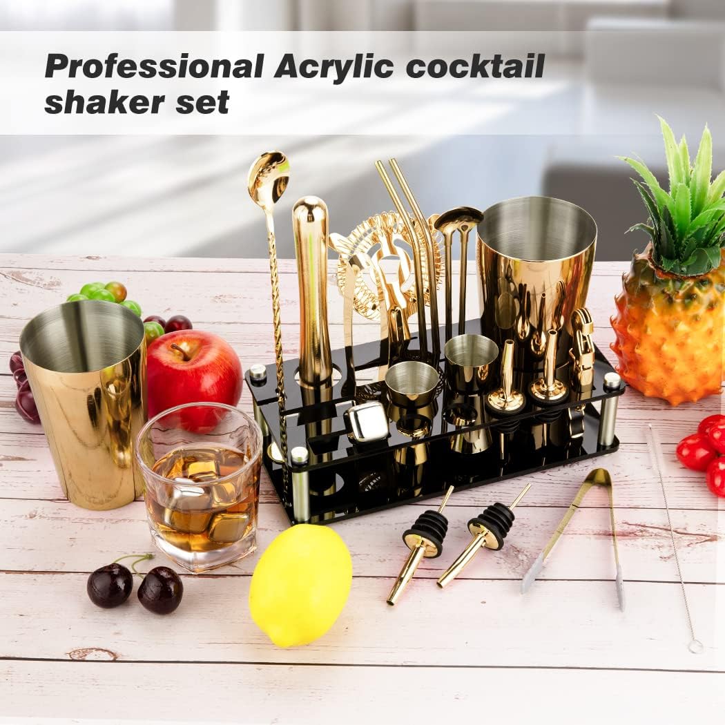 Cocktail Shaker Set, 23-Piece Boston Stainless Steel Bartender Kit with Acrylic Stand & Cocktail Recipes Booklet, Professional Bar Tools for Drink Mixing, Home, Bar, Party - Gold